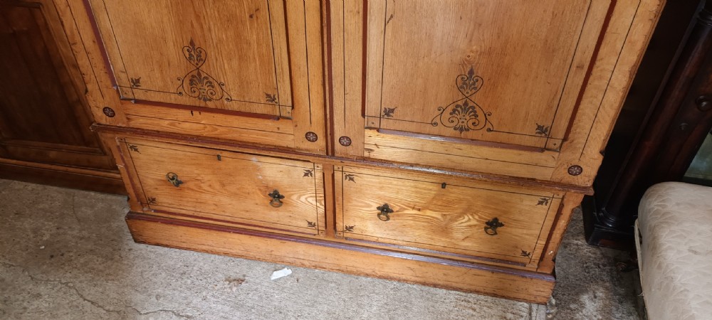 Victorian decorated ash 2 door double wardrobe.  View II