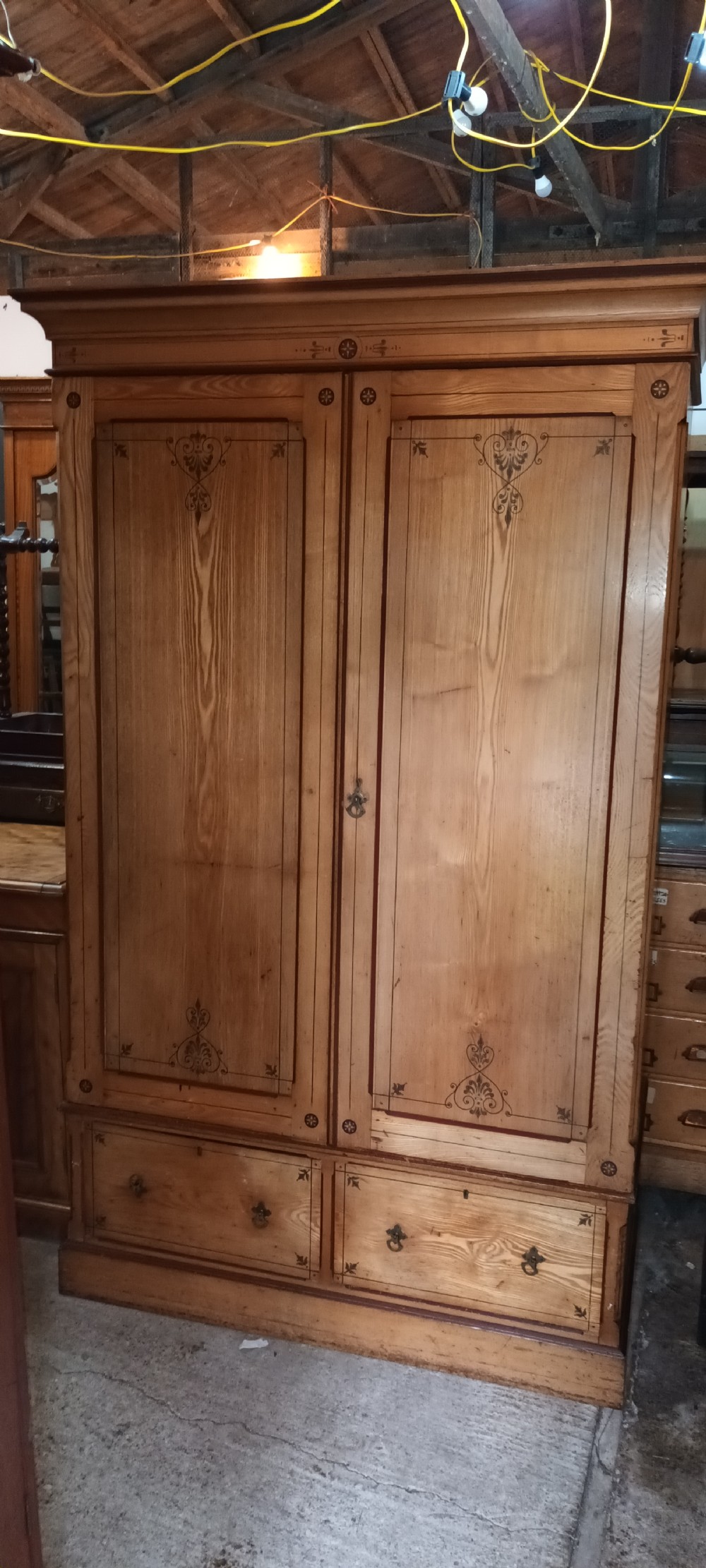 Victorian decorated ash 2 door double wardrobe.  View IV