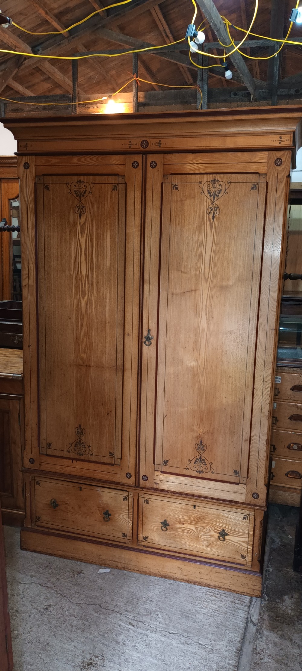 Victorian decorated ash 2 door double wardrobe.  View VIII