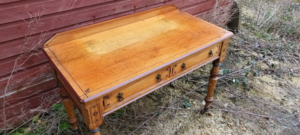 Victorian decorated ash 2 drawer writing table. View II