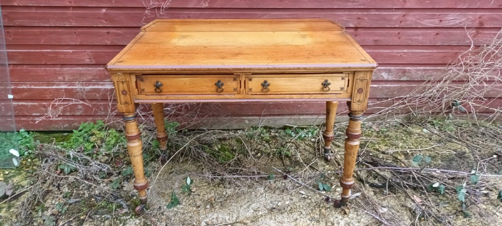 Victorian decorated ash 2 drawer writing table. View IV