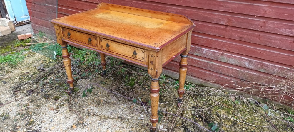Victorian decorated ash 2 drawer writing table. View VI
