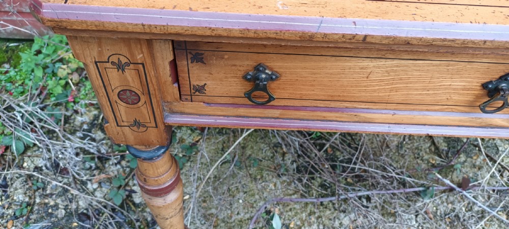 Victorian decorated ash 2 drawer writing table. View VIII