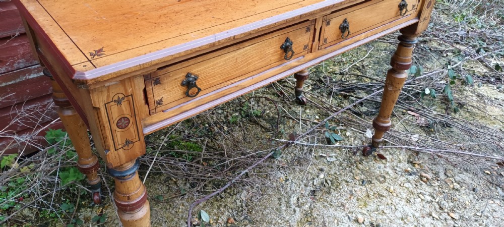 Victorian decorated ash 2 drawer writing table. View IX