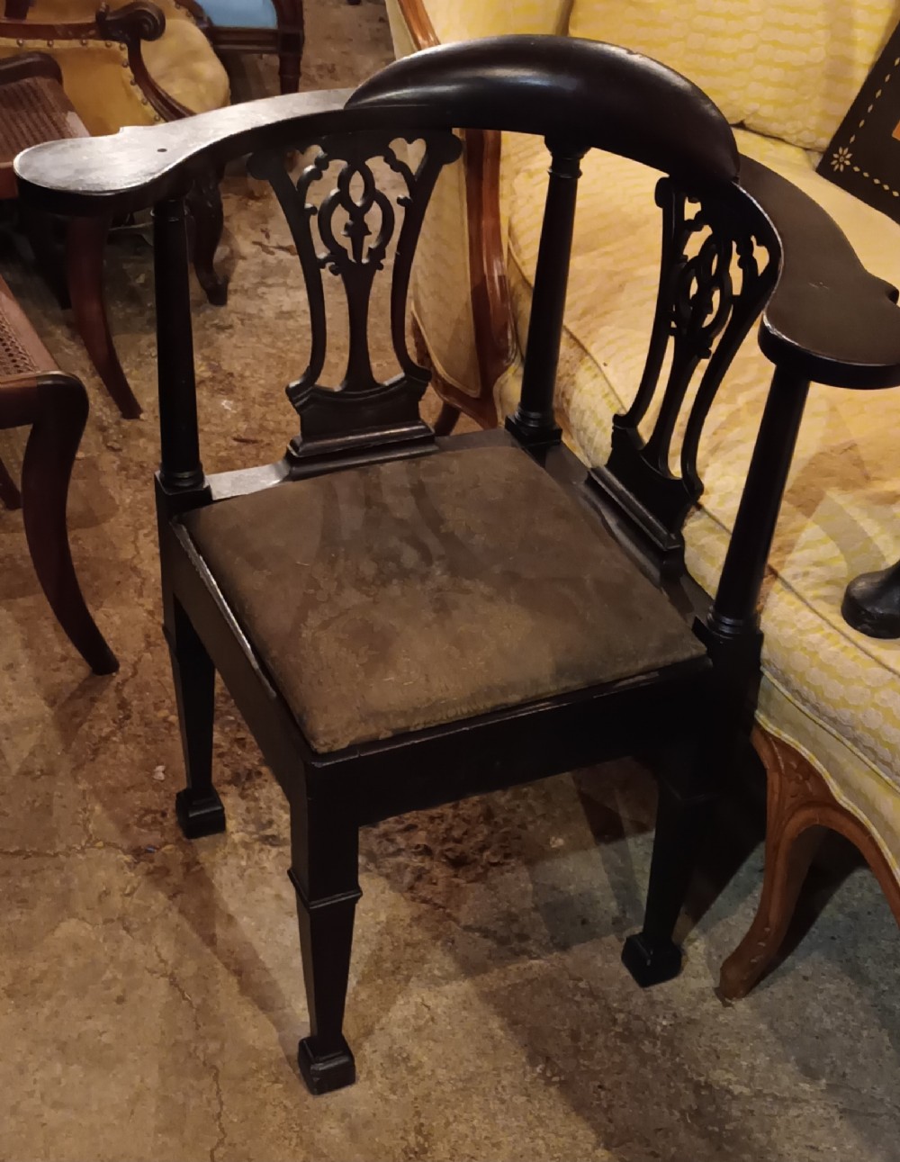 19th century mahogany corner chair with drop in seat.