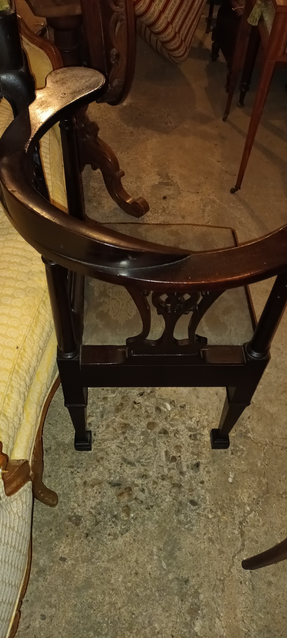 19th century mahogany corner chair with drop in seat. View V