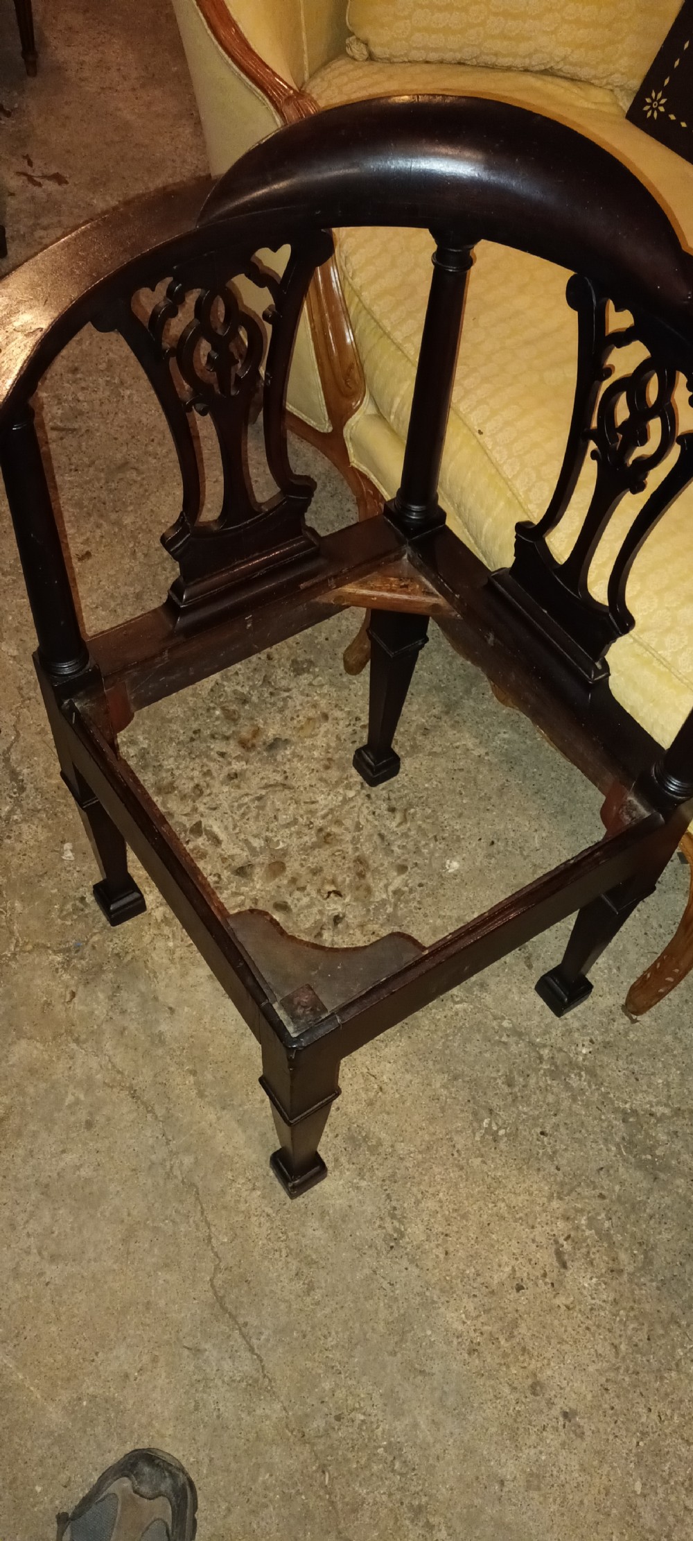19th century mahogany corner chair with drop in seat. View VIII