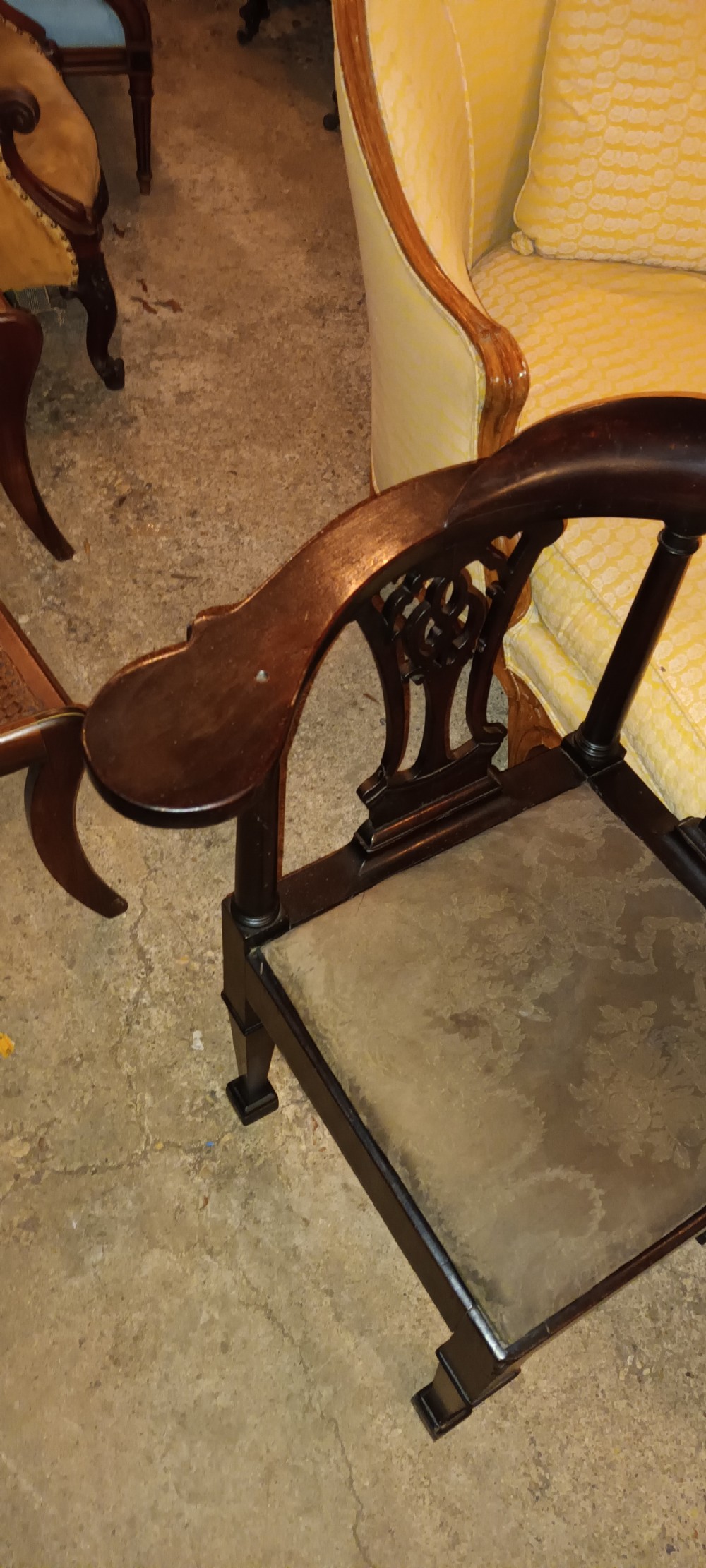 19th century mahogany corner chair with drop in seat. View IX