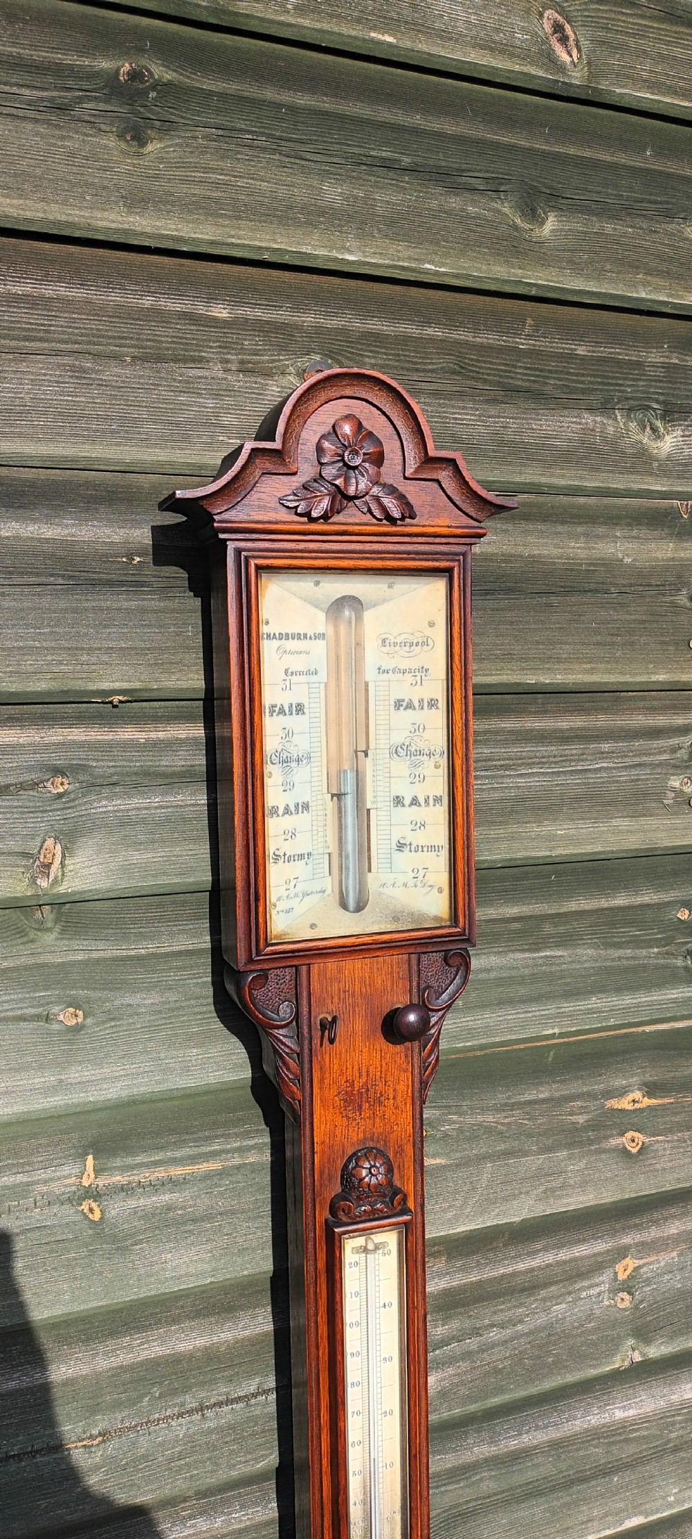Good  Mid 19th century oak stick barometer.  View III