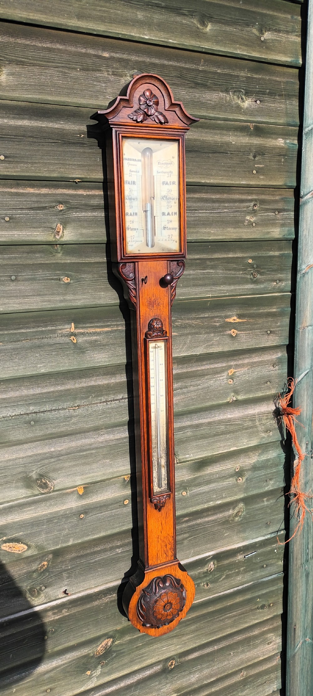 Good  Mid 19th century oak stick barometer.  View IV