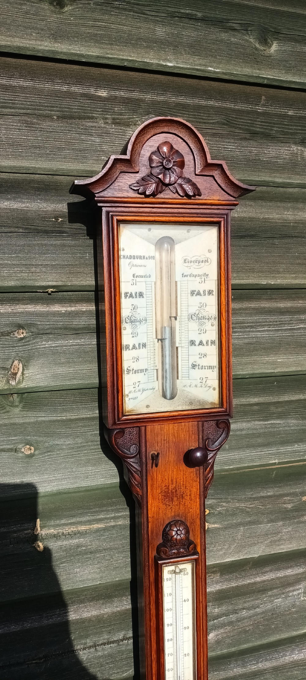 Good  Mid 19th century oak stick barometer.  View IX