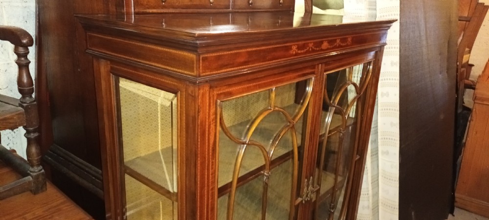 Good quality Edwardian inlaid mahogany display cabinet.  View V