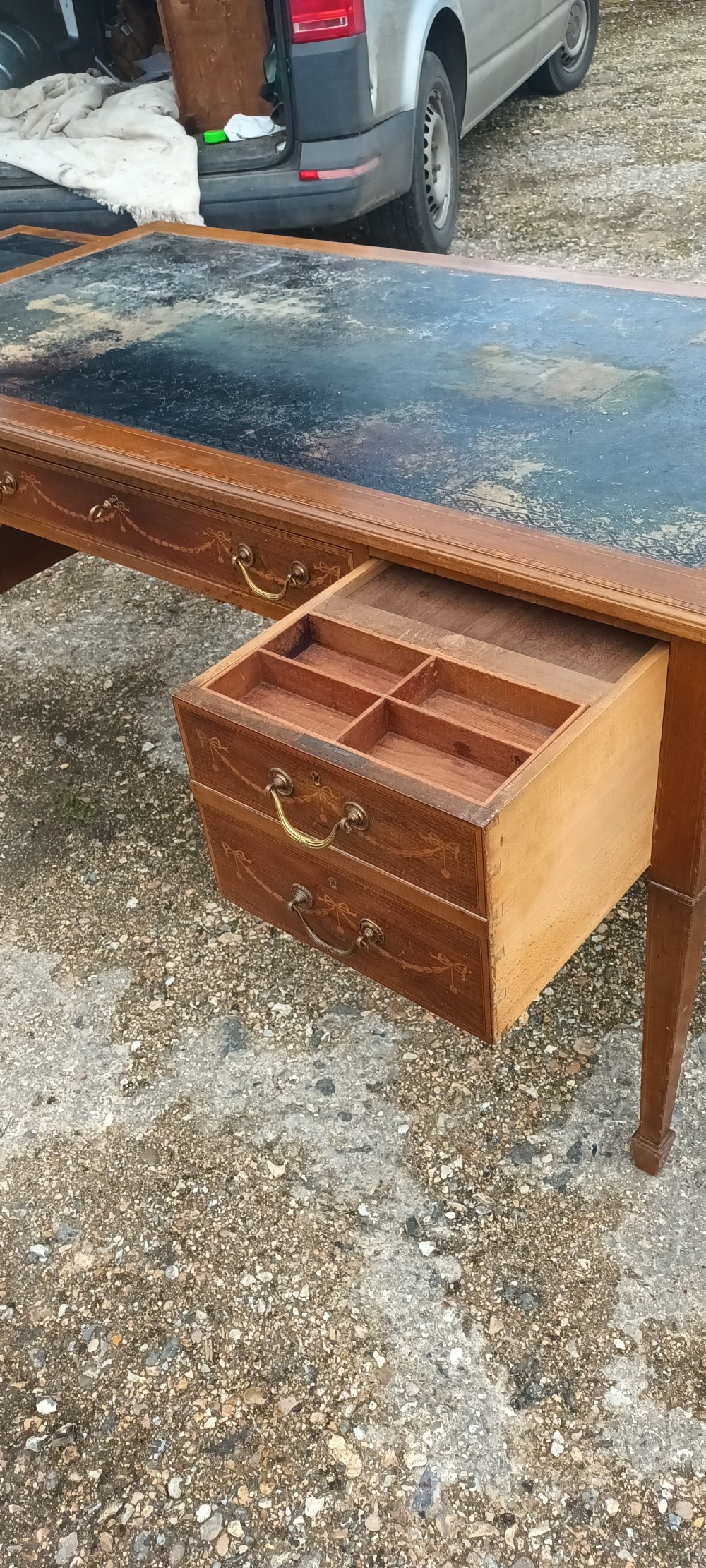 Edwardian inlaid mahogany free standing writing table. View III