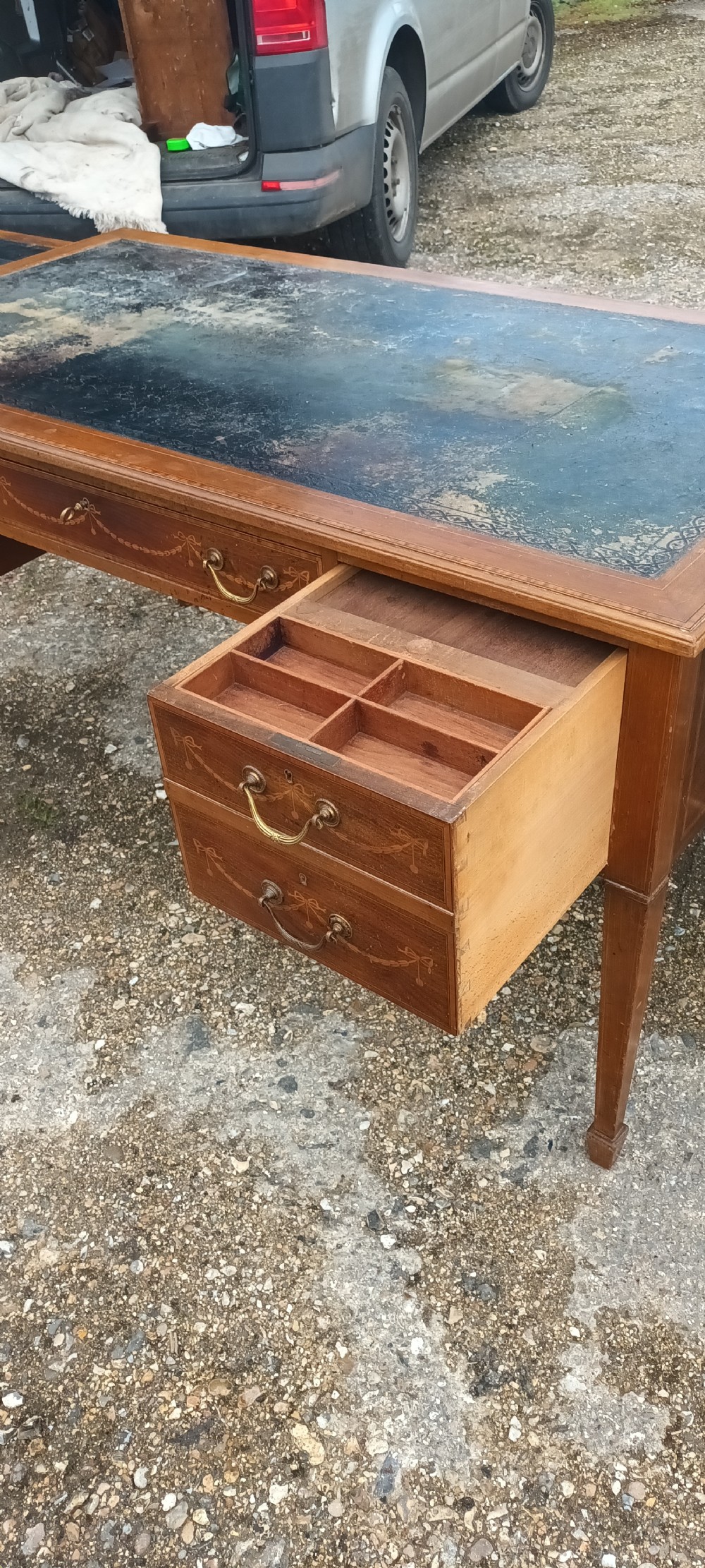 Edwardian inlaid mahogany free standing writing table. View IV