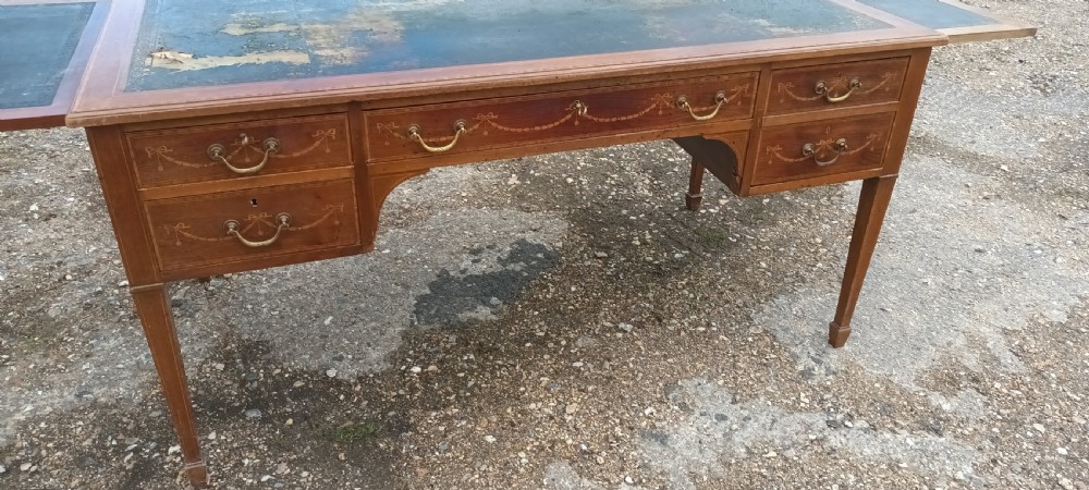 Edwardian inlaid mahogany free standing writing table. View V