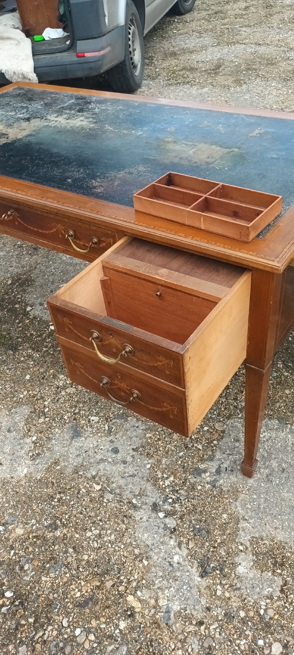 Edwardian inlaid mahogany free standing writing table. View VI