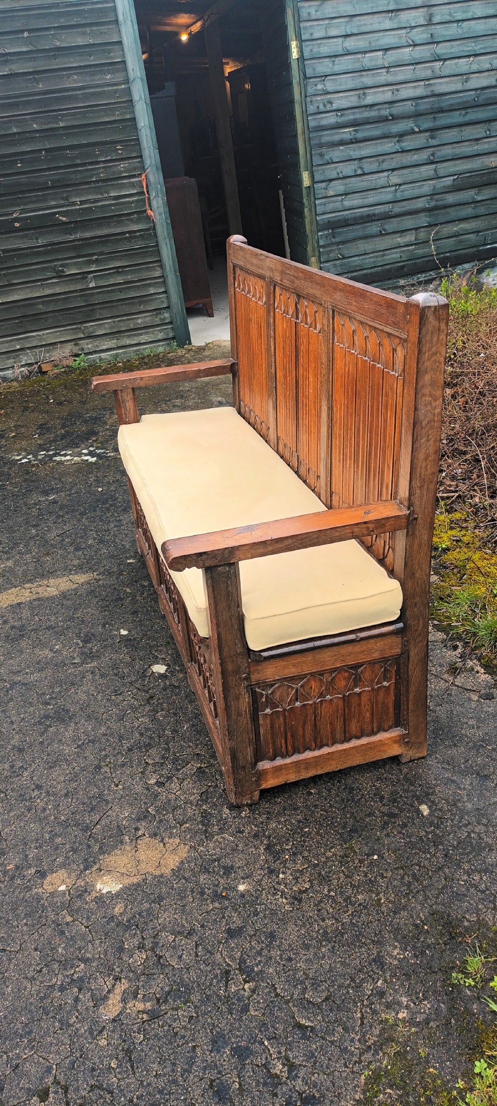 Antique carved oak gothic hall seat. View VI