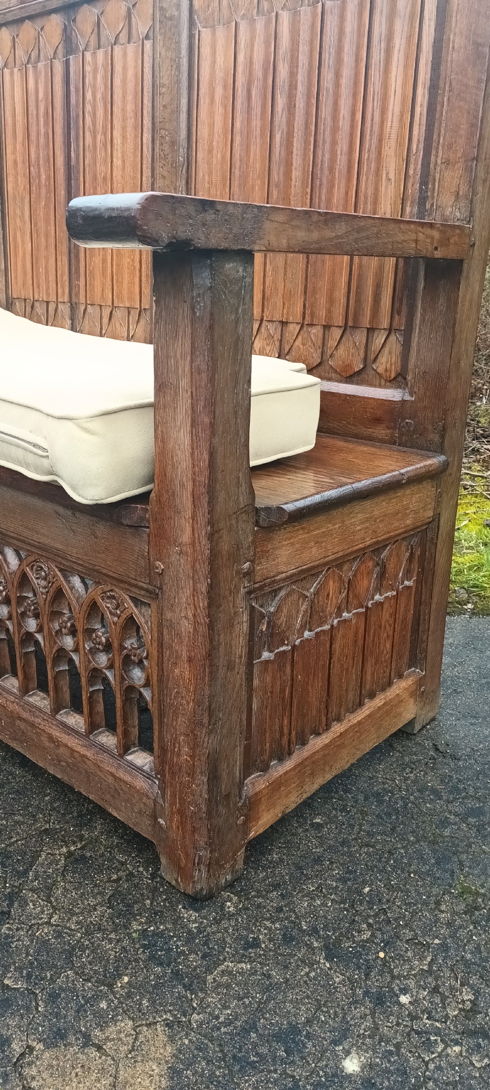 Antique carved oak gothic hall seat. View X