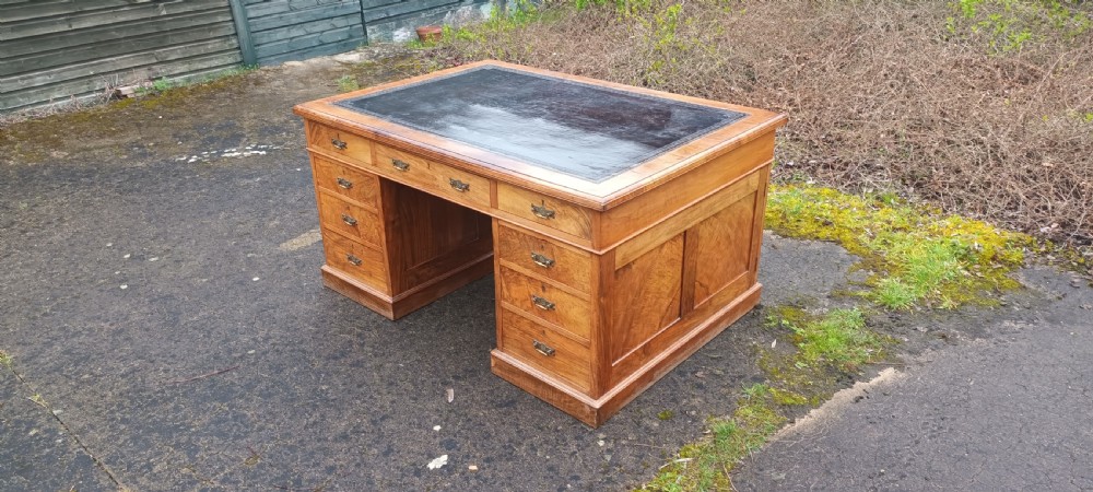 Good late Victorian walnut pedestal partners desk. View IV