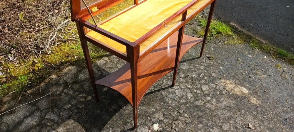 Unusual double inlaid mahogany bijouterie display table. View II