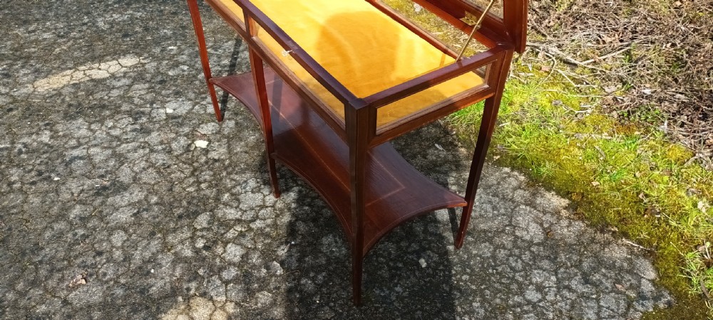 Unusual double inlaid mahogany bijouterie display table. View III