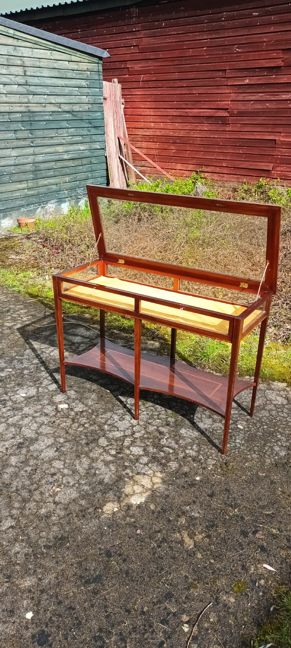 Unusual double inlaid mahogany bijouterie display table. View V