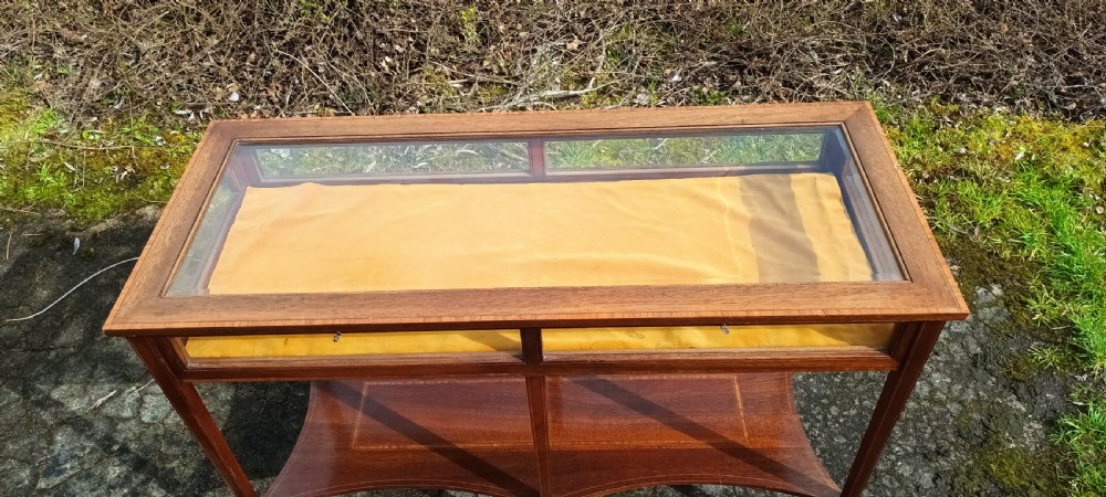 Unusual double inlaid mahogany bijouterie display table. View X