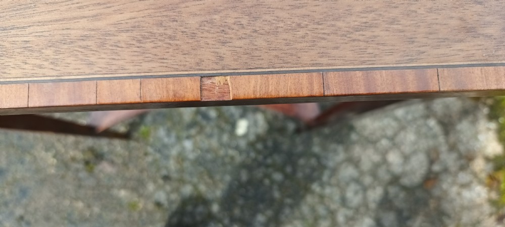 Unusual double inlaid mahogany bijouterie display table. View XII