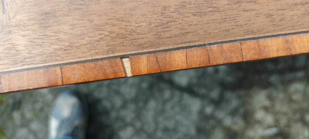 Unusual double inlaid mahogany bijouterie display table. View XV
