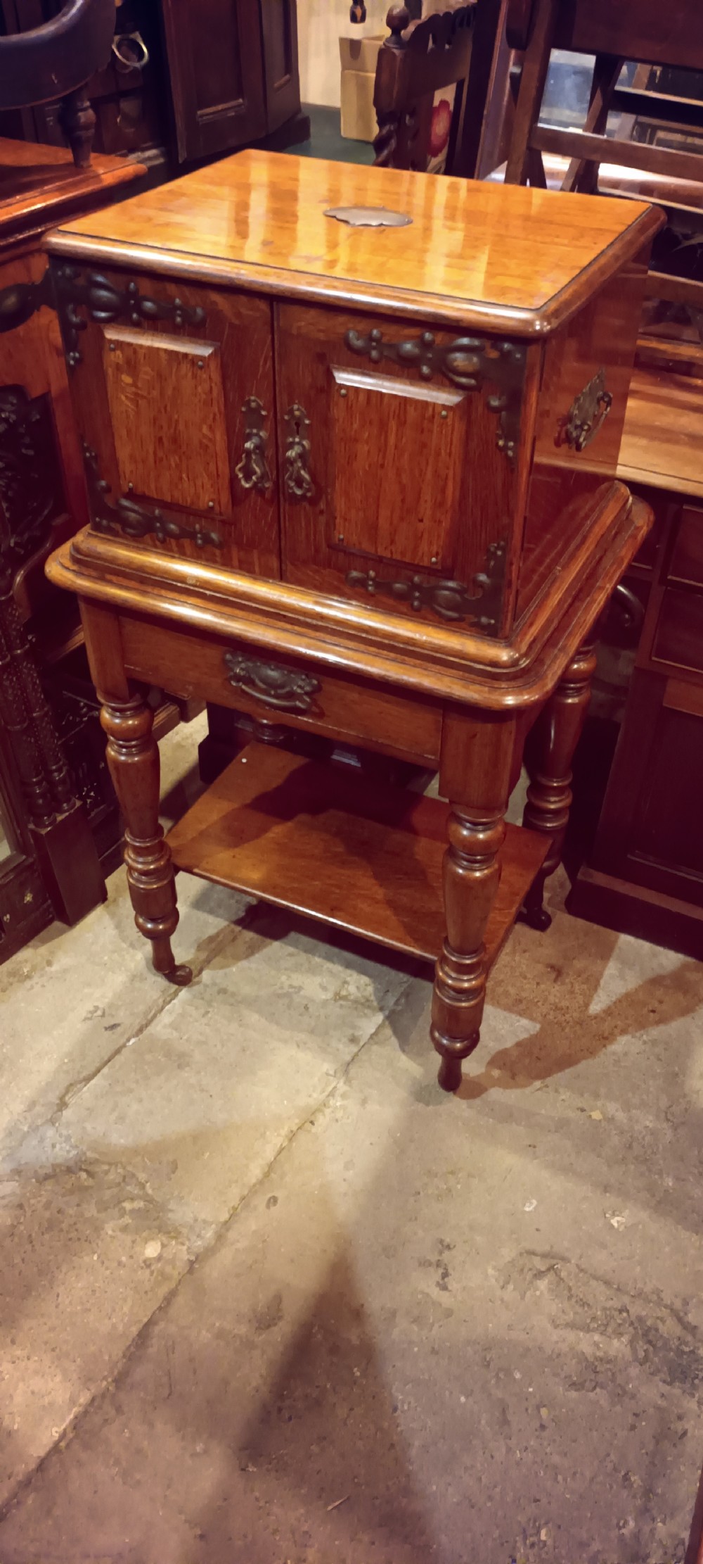 Late Victorian oak fitted cutlery cabinet with some cutlery. By Walker & Hall. View X