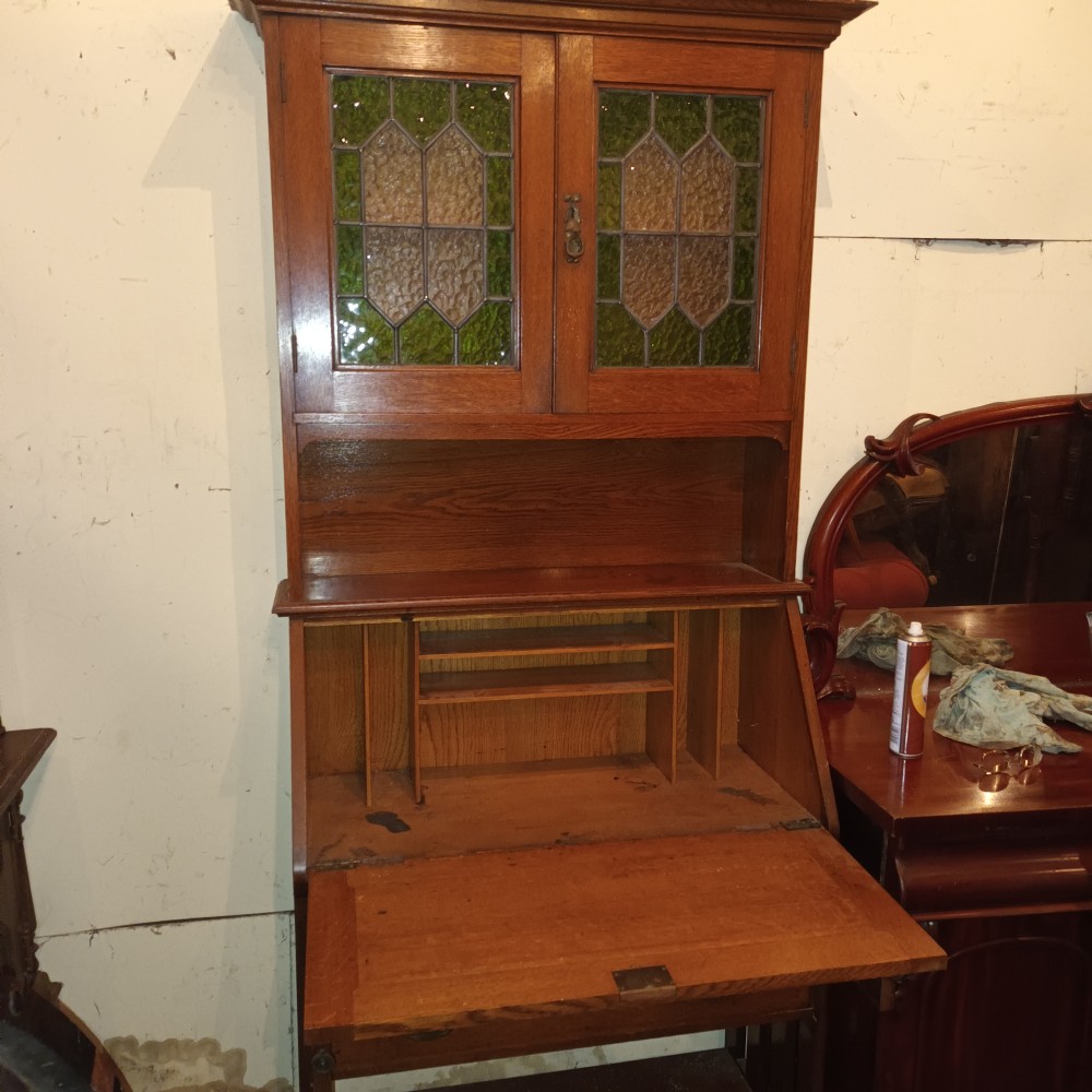 Edwardian oak arts and crafts bureau bookcase.  View V