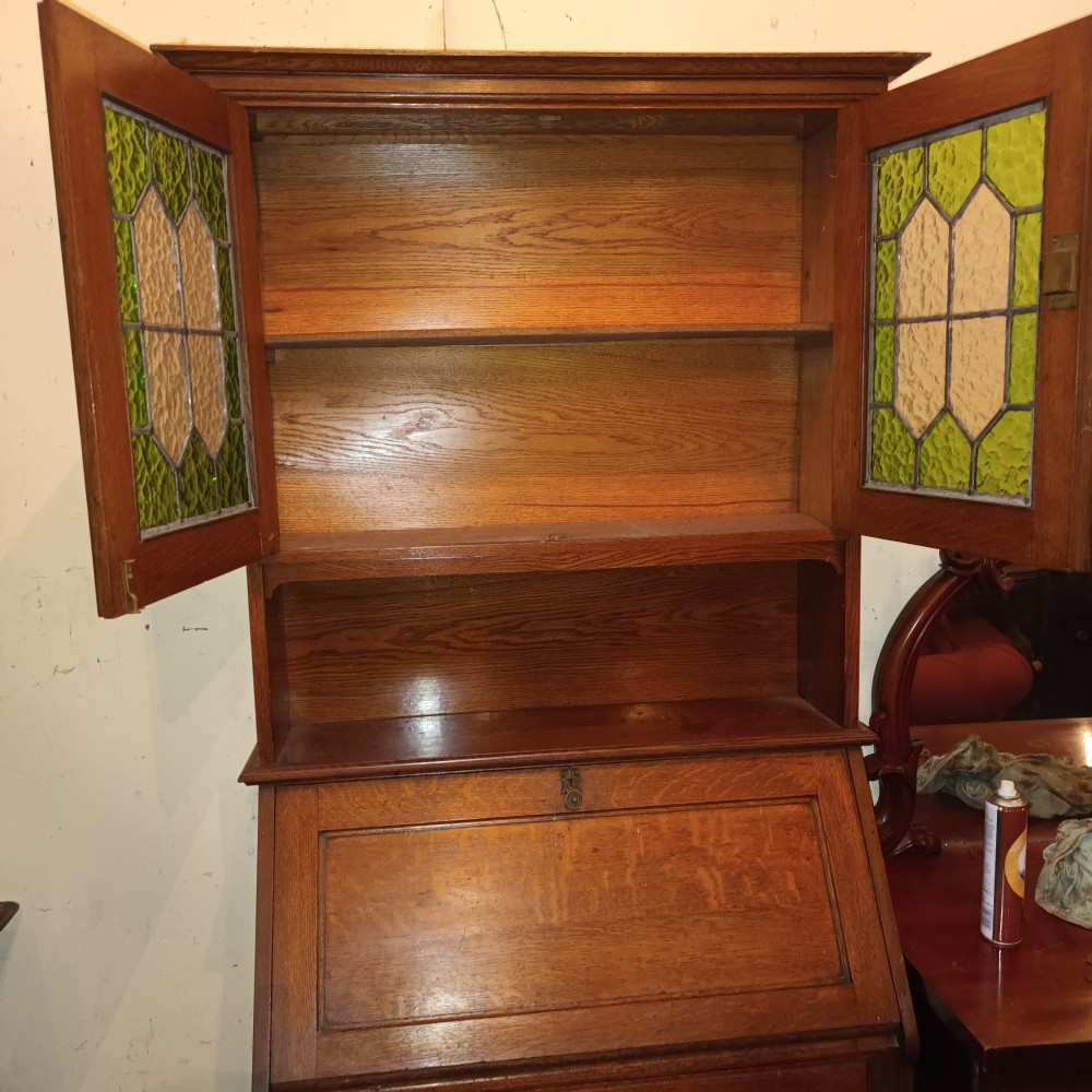 Edwardian oak arts and crafts bureau bookcase.  View VI