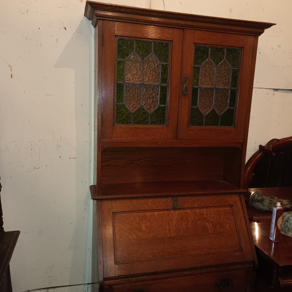 Edwardian oak arts and crafts bureau bookcase.  View VII