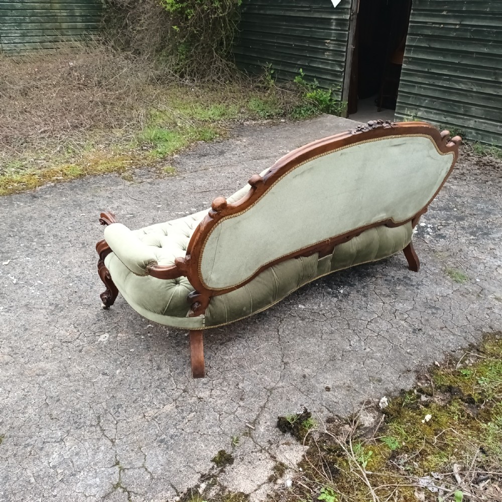 Victorian walnut frame upholstered window sofa. View III