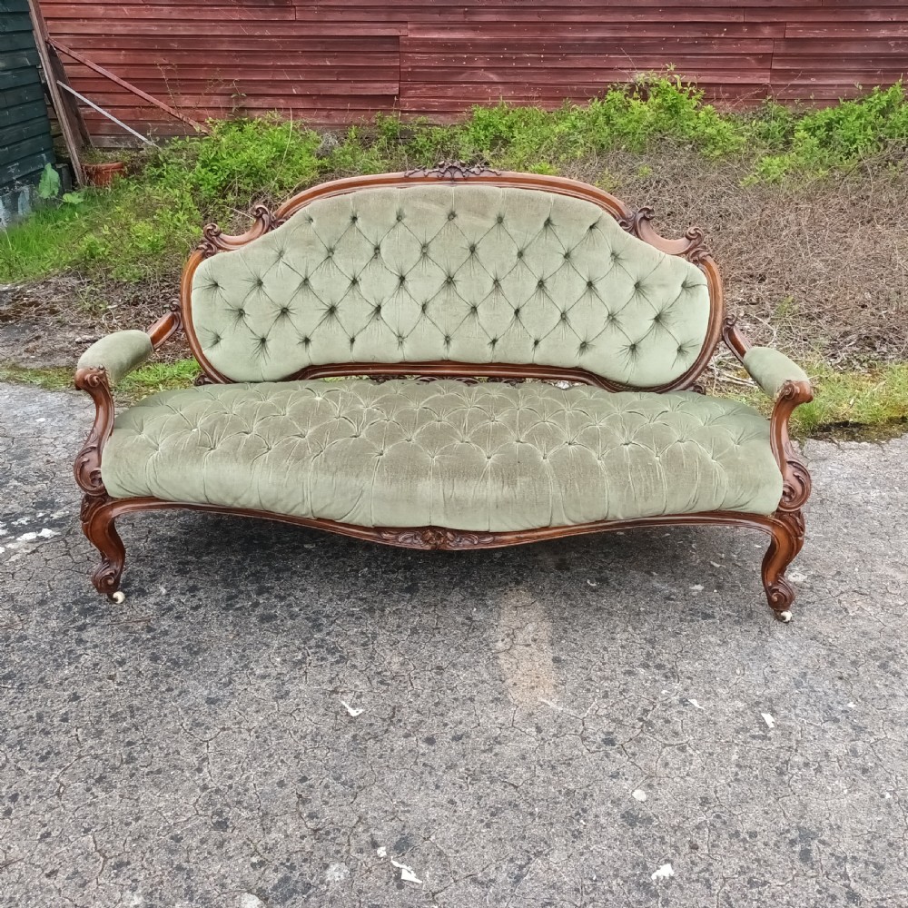 Victorian walnut frame upholstered window sofa. View IV