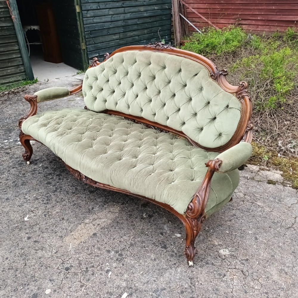 Victorian walnut frame upholstered window sofa. View V