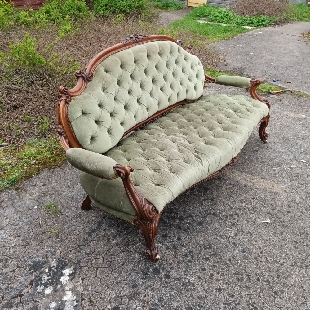 Victorian walnut frame upholstered window sofa. View VIII