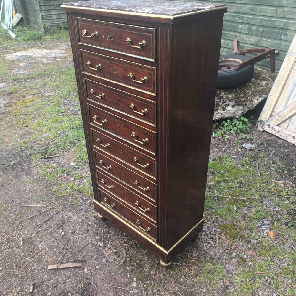 Marble top brass mounted semainier mahogany Wellington type chest. View V