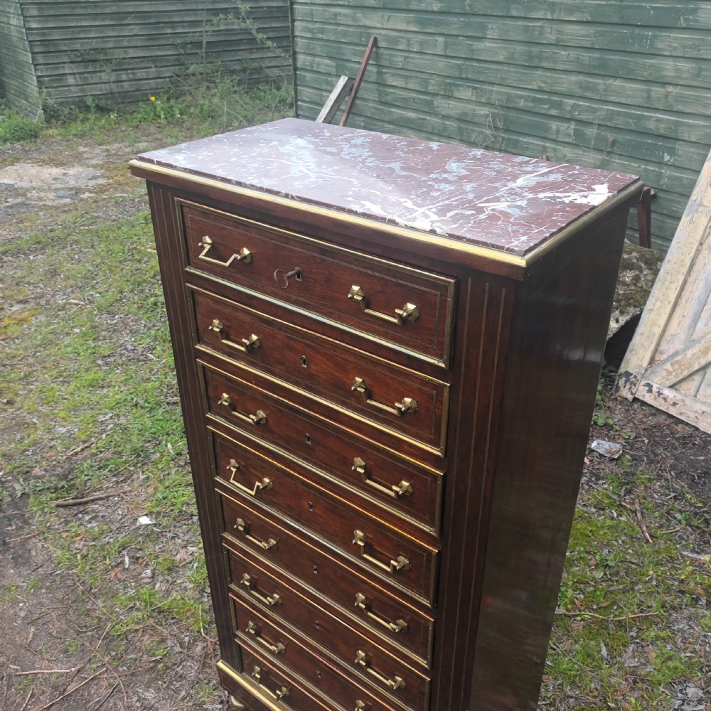 Marble top brass mounted semainier mahogany Wellington type chest. View VI