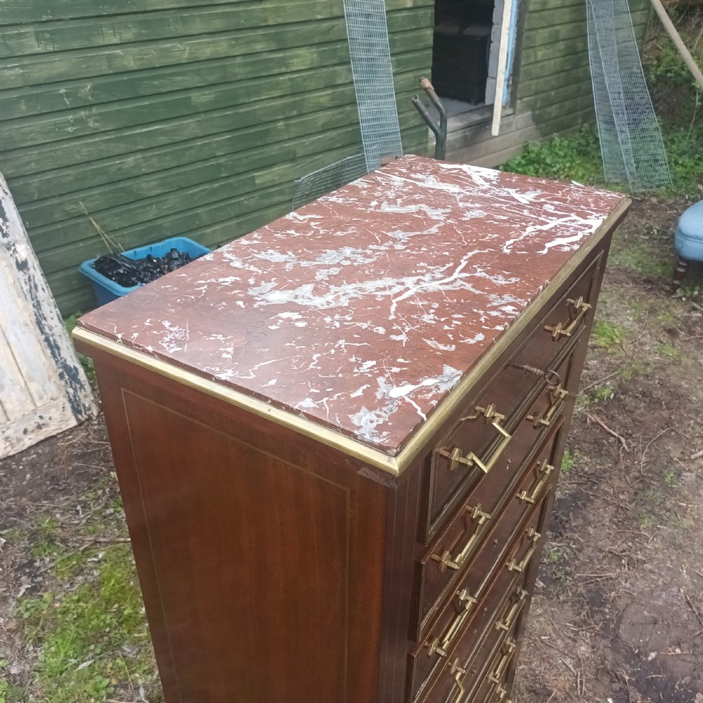 Marble top brass mounted semainier mahogany Wellington type chest. View VII