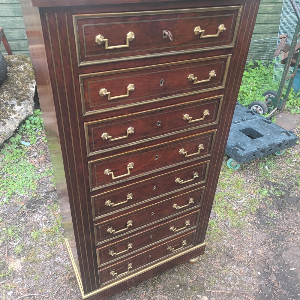 Marble top brass mounted semainier mahogany Wellington type chest. View III