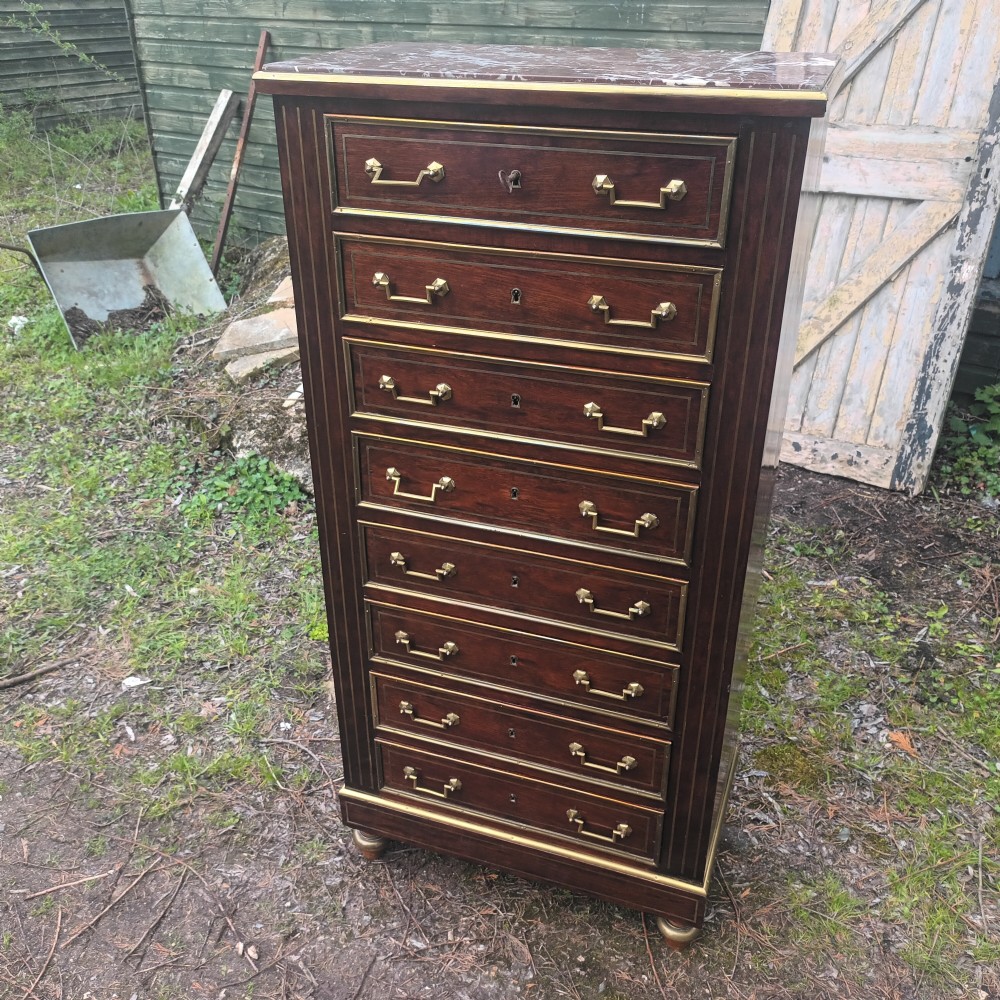 Marble top brass mounted semainier mahogany Wellington type chest. View VIII