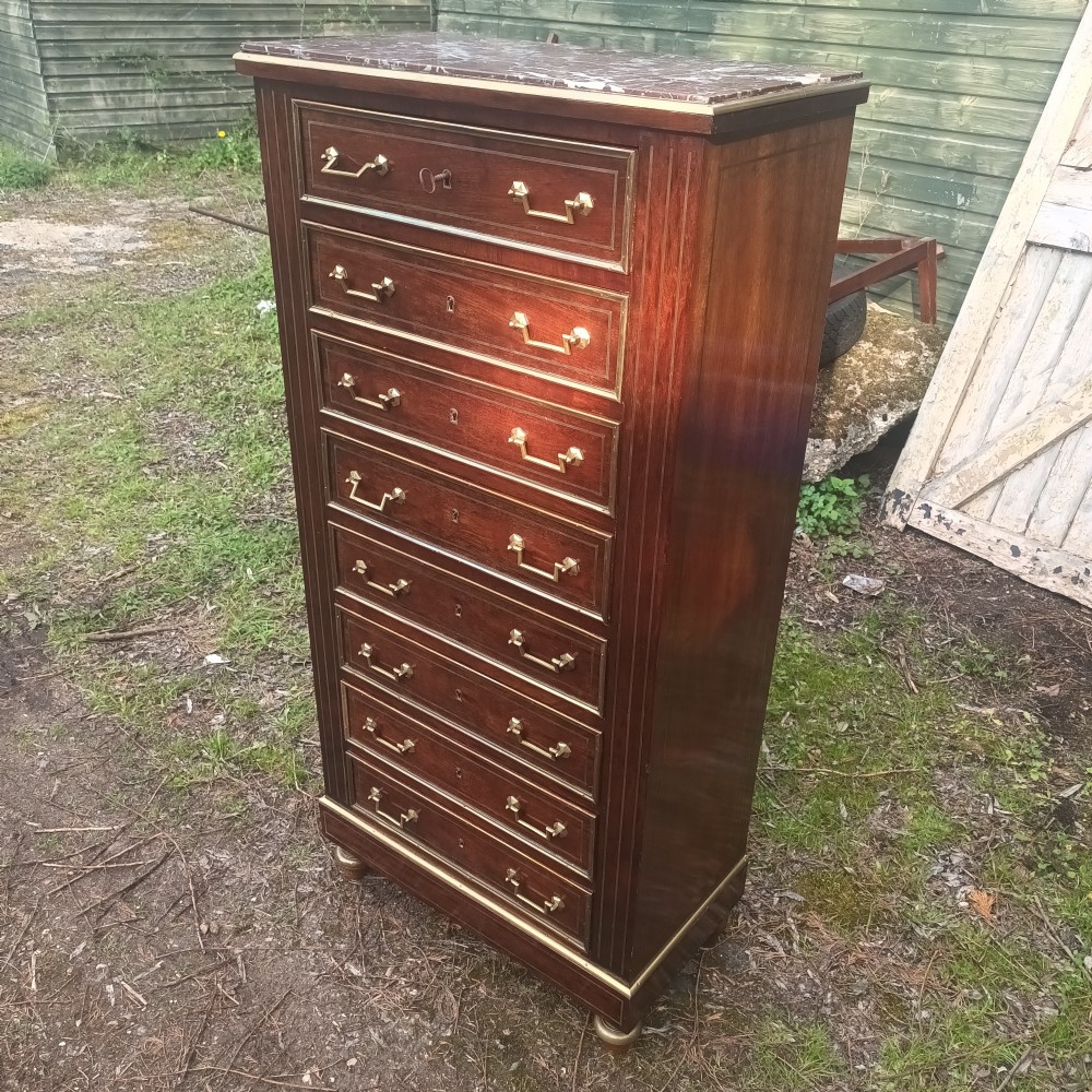 Marble top brass mounted semainier mahogany Wellington type chest. View X