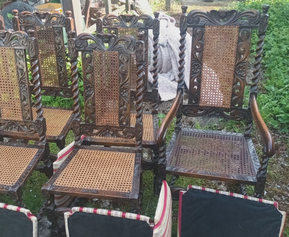 Set of 8 carved oak dining chairs. View VII