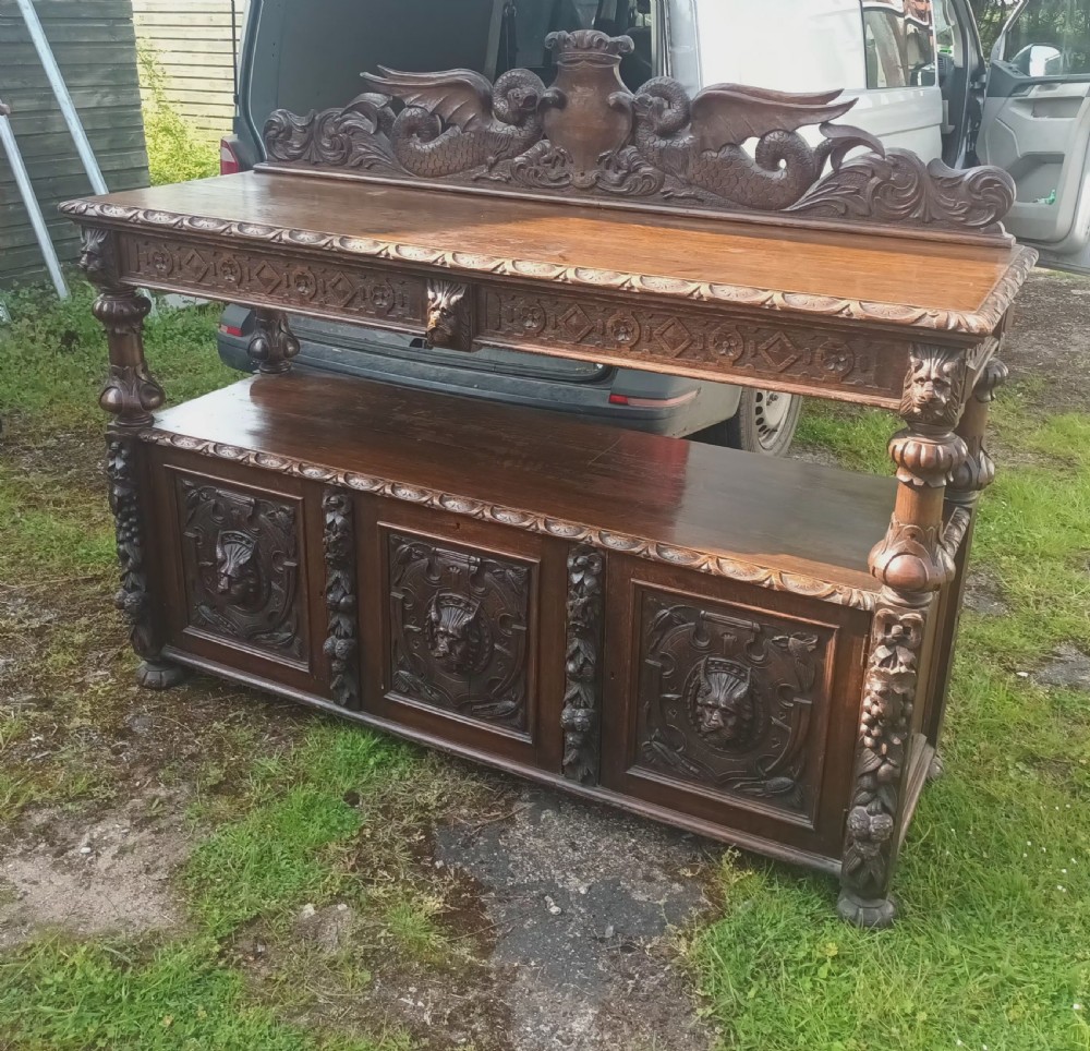 Large 6 foot ornate carved Victorian oak buffet View II