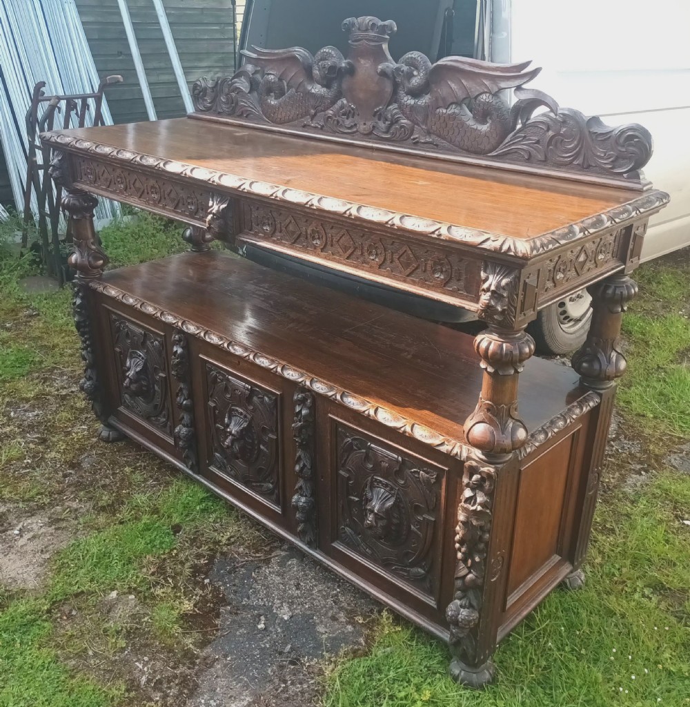 Large 6 foot ornate carved Victorian oak buffet View III