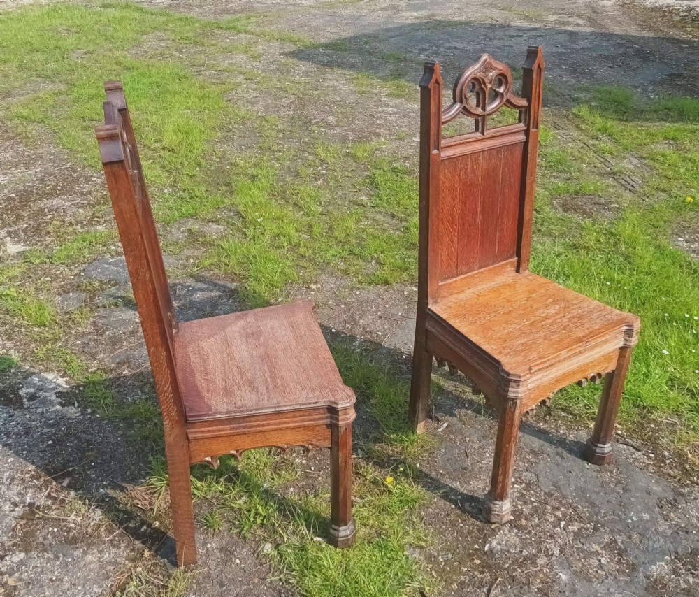 Pair of Gothic oak hall chairs.  View III