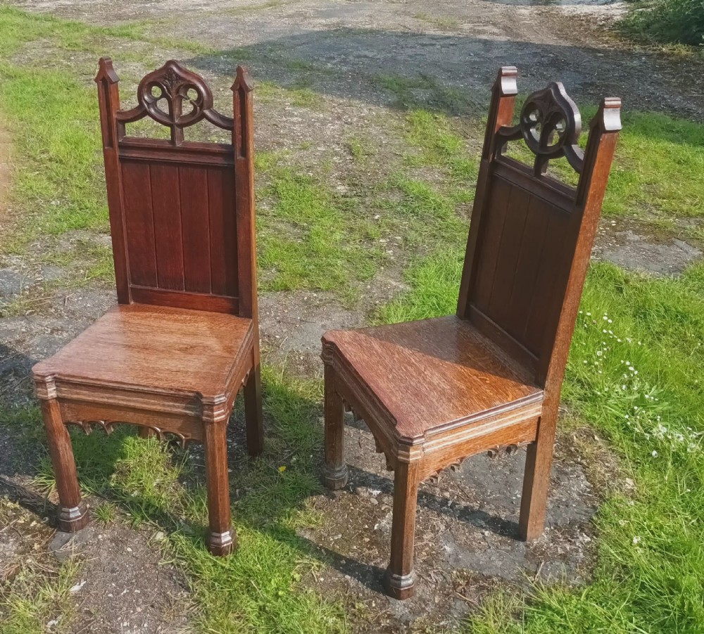 Pair of Gothic oak hall chairs.  View IV