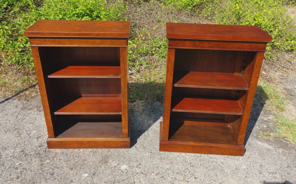 Pair of small walnut open front bookcases. View II