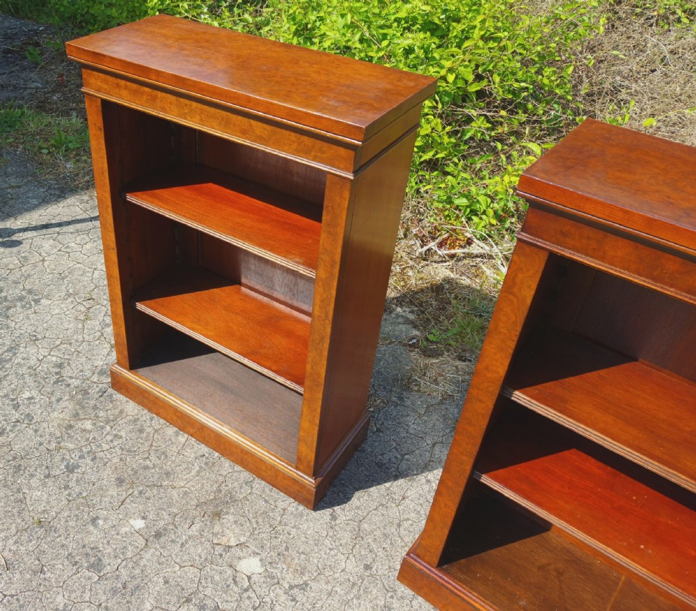 Pair of small walnut open front bookcases. View III